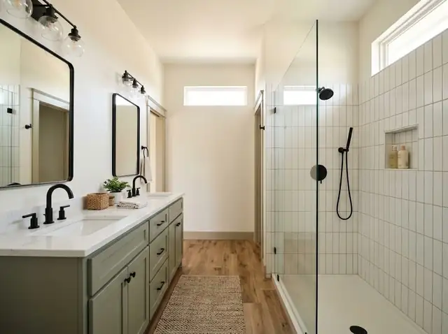 Master bathroom with a sage green double vanity and a white tiled walk-in shower