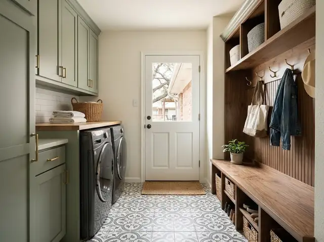 Laundry and mud room with sage green cabinets and a built-in wood bench with cubbies