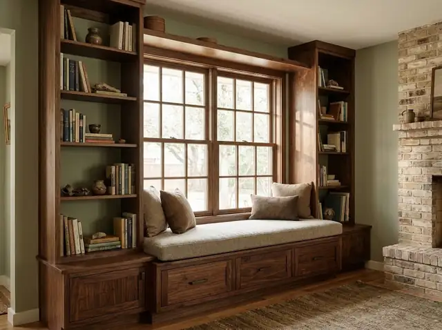Custom walnut built-in bookcase and window seat against a sage green wall